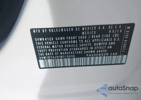 2015 Volkswagen Jetta 2.0L S from USA, damaged, VIN 3VW1K7AJ9FM318636